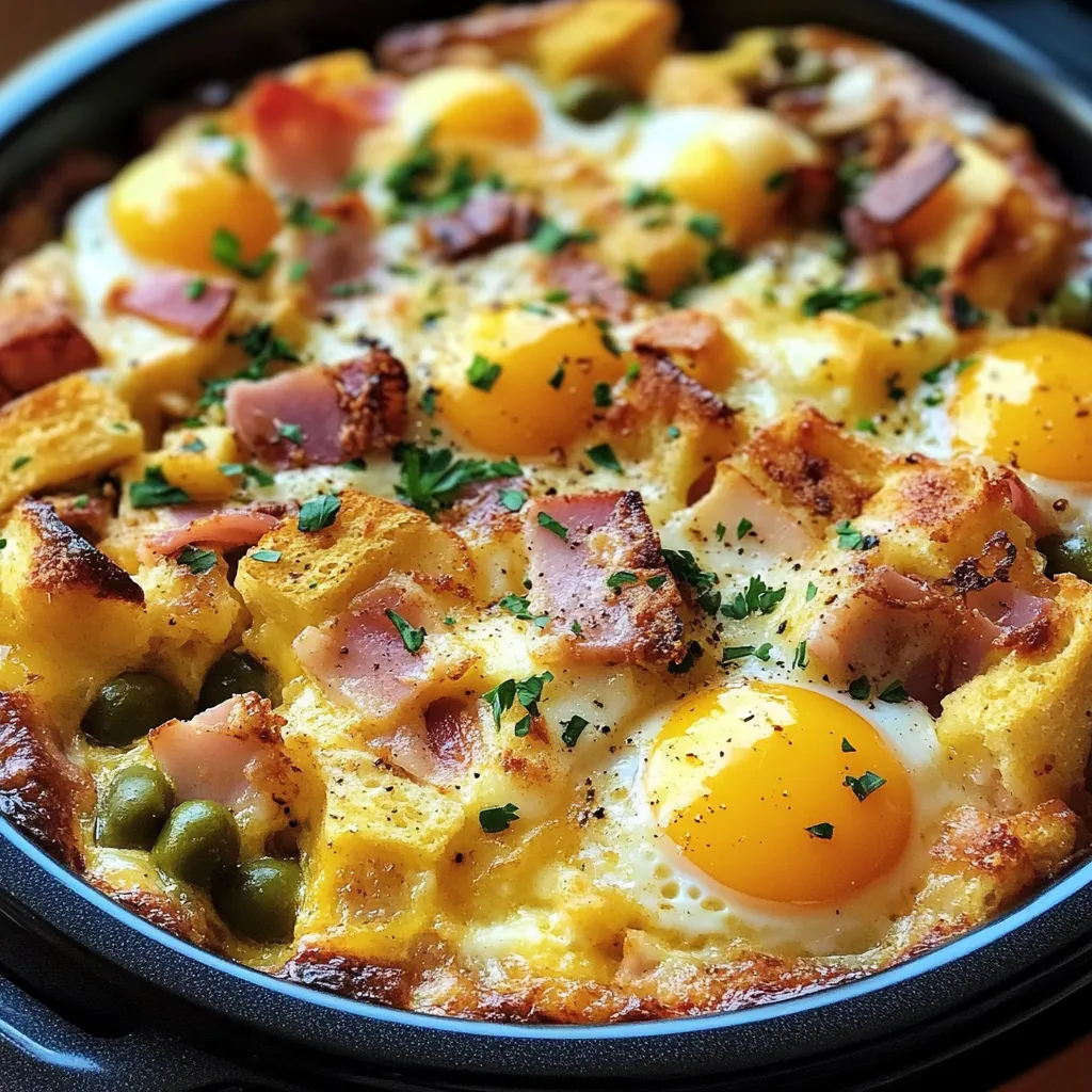 Une assiette de pizza avec des oeufs, des légumes et des viandes.