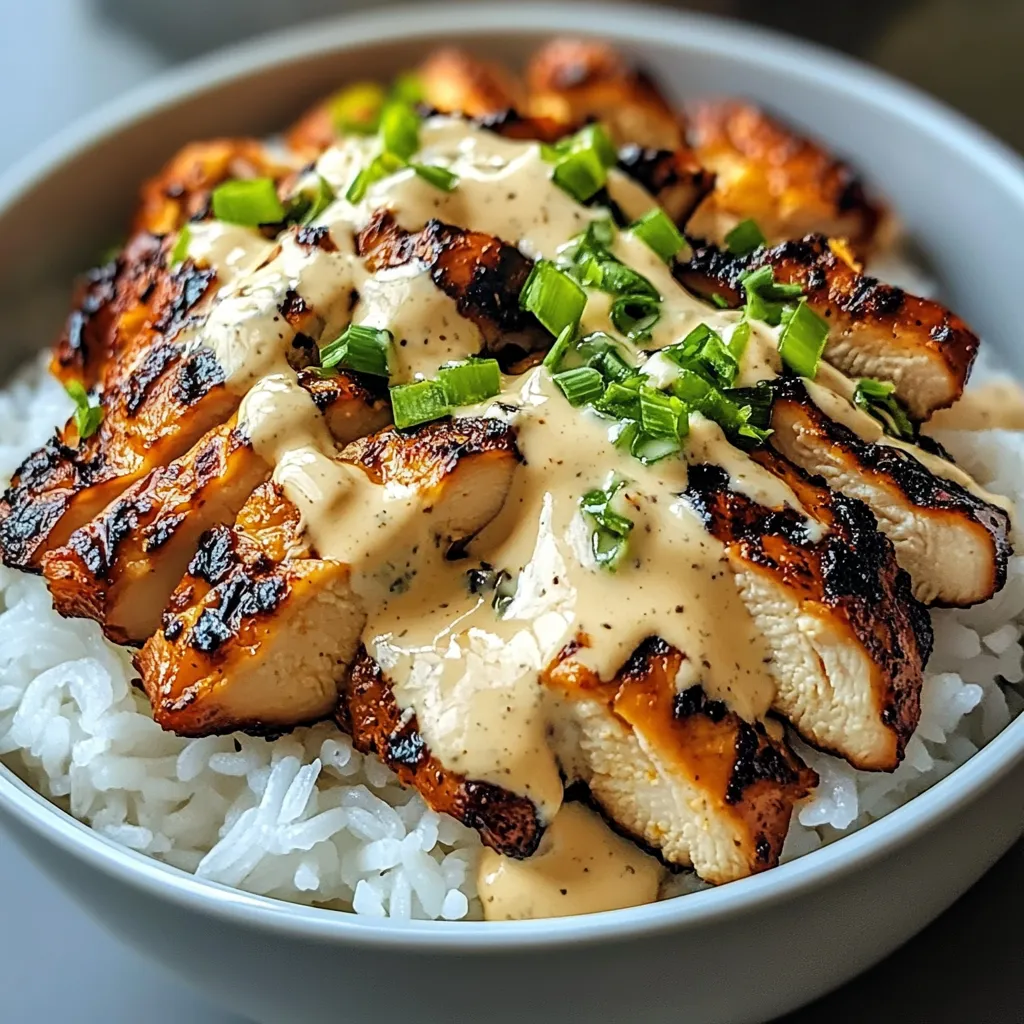 Une assiette de riz et de poulet grillé avec une sauce verte.